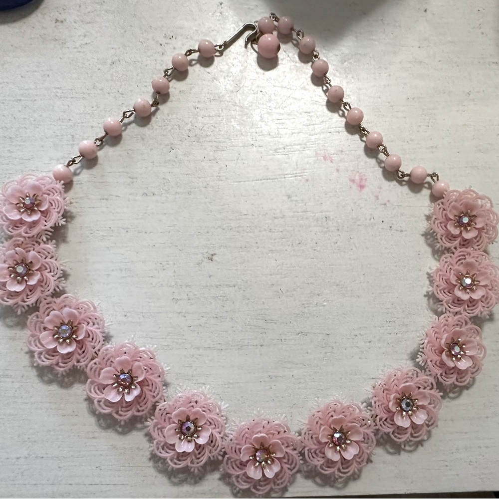 Vintage Coro Signed Pink Lucite Floral Necklace Rhinestone